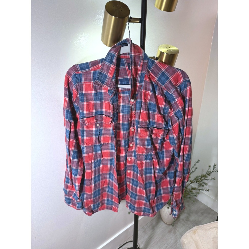 Lands End perfect fall flannel red blue denim LG classic preppy layering fall ec